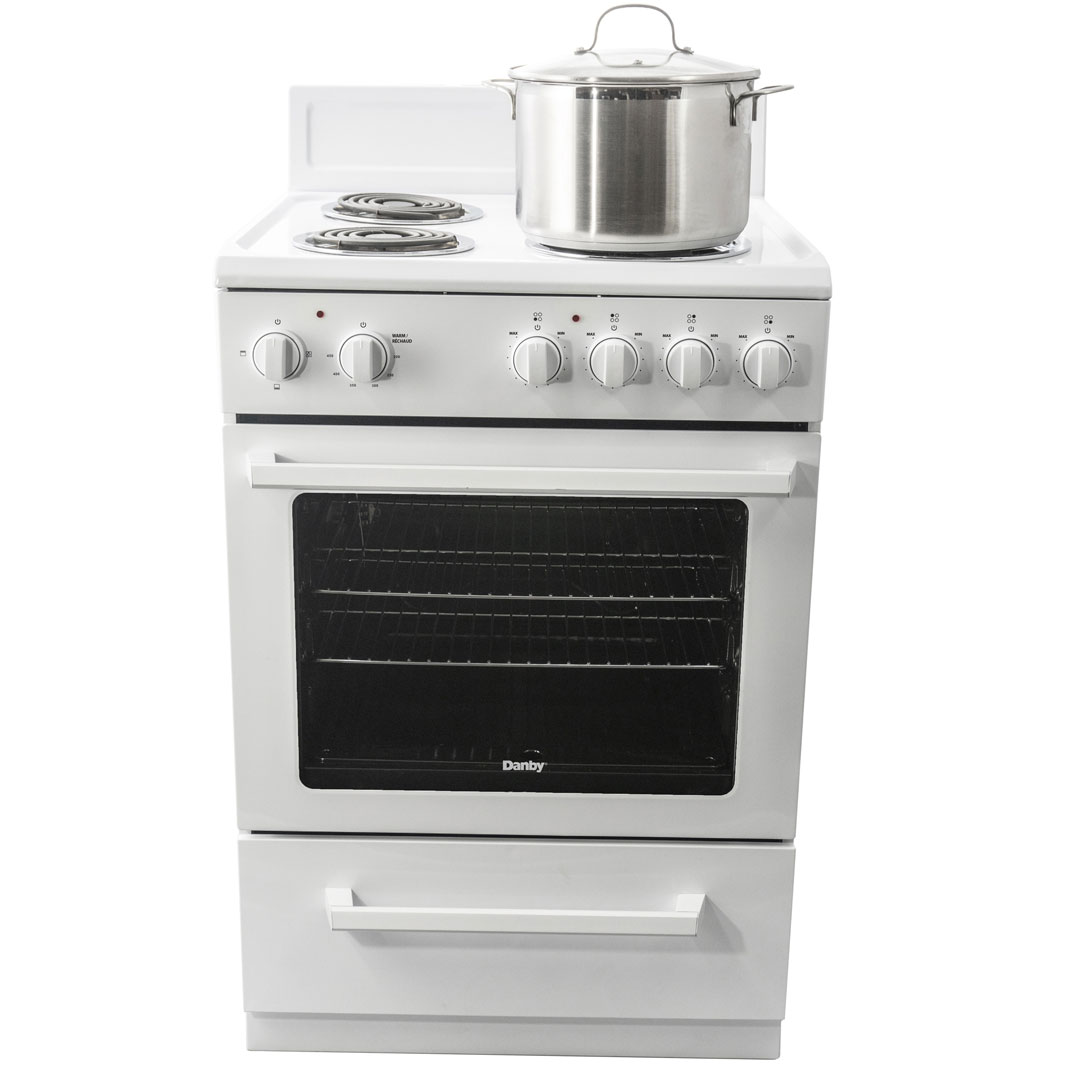 Danby 24" Wide Electric Range in White 5 Danby derm240wc front propped