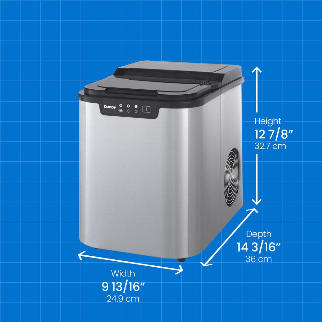 Danby DIM2500SSDB 25 lbs ice maker with height width and depth measurements displayed