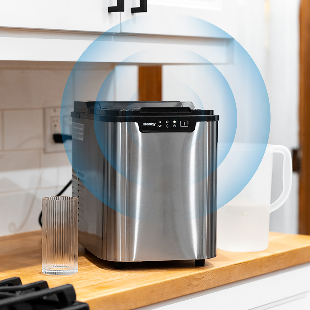 Danby DIM2500SSDB 25 lbs ice maker feature graphic showing alert indicators