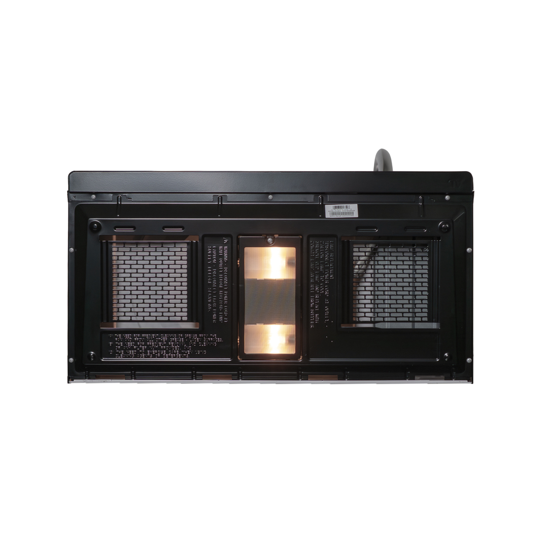 Vue du dessous du micro-ondes à poser au-dessus de la cuisinière Danby DOM16A2SSDB de 1,6 cu ft, montrant la zone de ventilation et d'éclairage