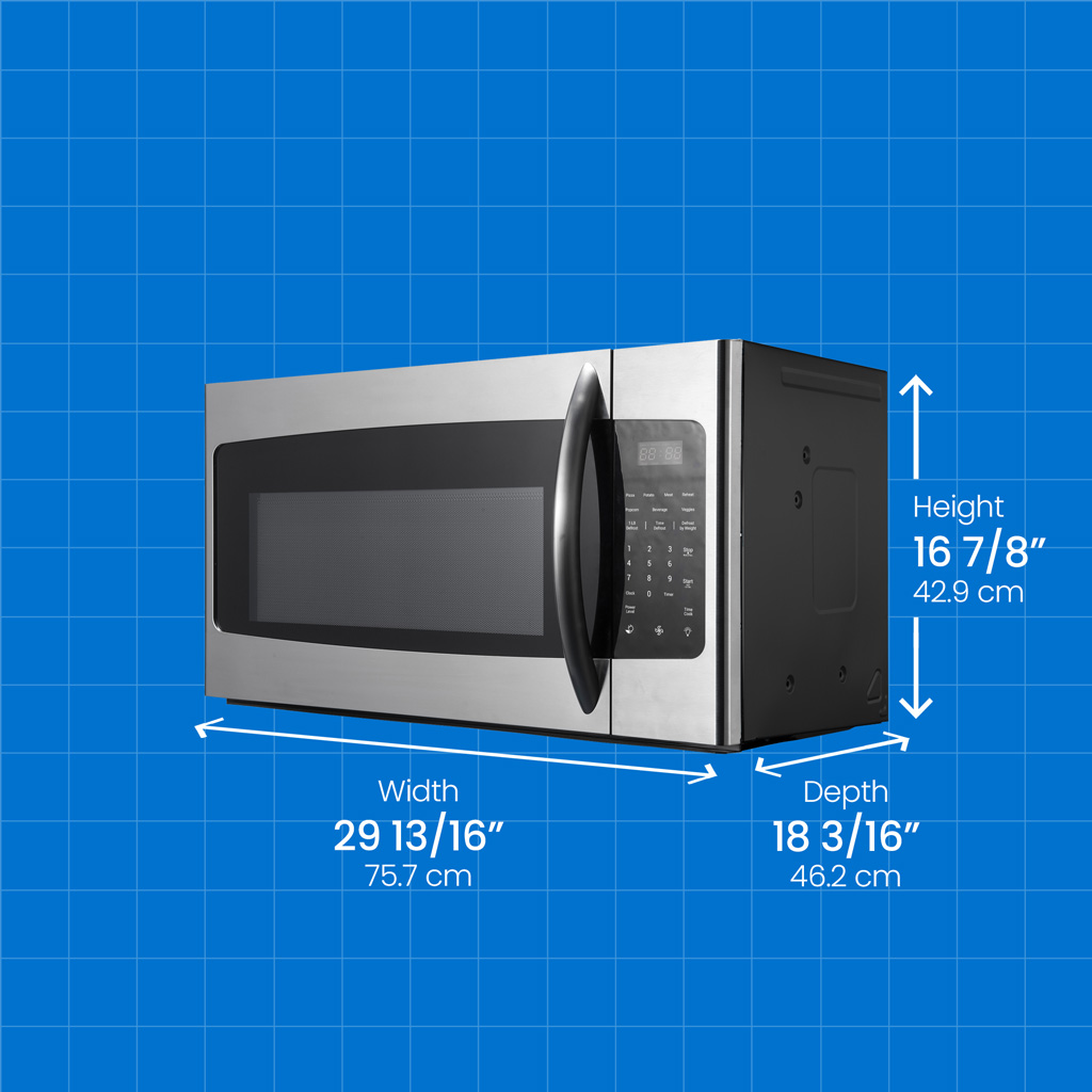 Micro-ondes à poser au-dessus de la cuisinière Danby DOM16A2SSDB de 1,6 cu ft, avec affichage des dimensions (hauteur, largeur et profondeur)