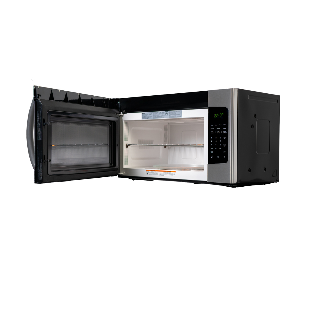 Micro-ondes à poser au-dessus de la cuisinière Danby DOM16A2SSDB de 1,6 cu ft, avec la porte ouverte permettant de voir l'intérieur de la cavité