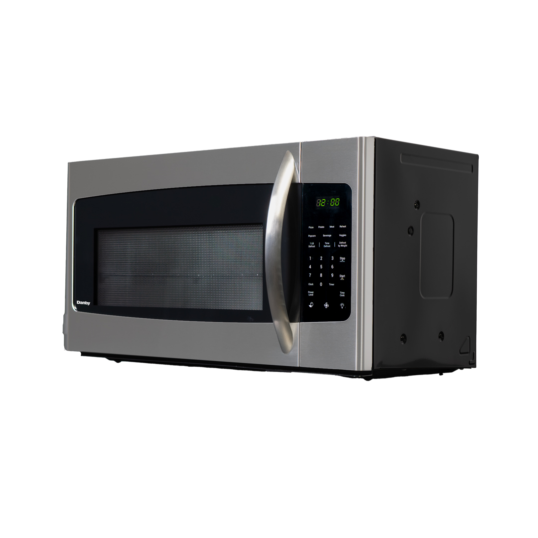 Danby DOM16A2SSDB : micro-ondes à poser au-dessus de la cuisinière, capacité de 1,6 cu ft, vue de profil en angle montrant la finition en acier inoxydable