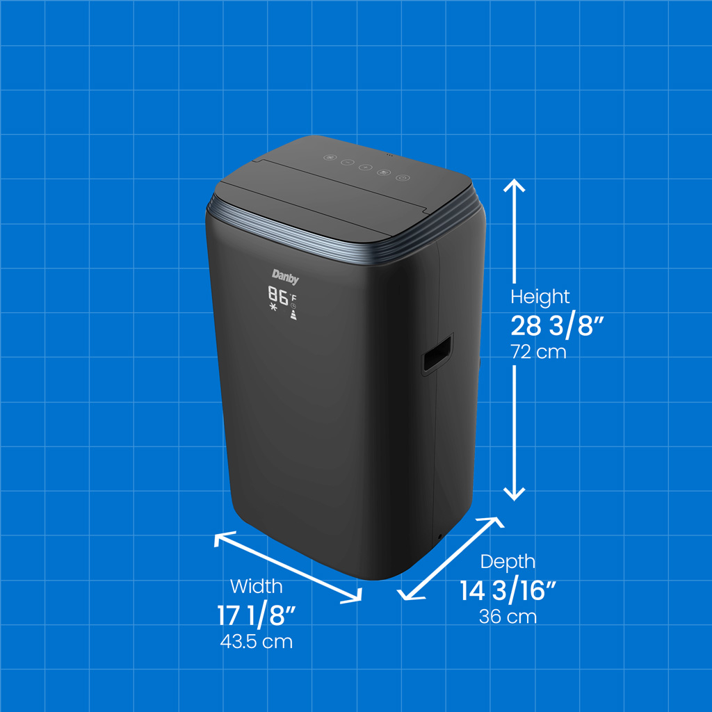 Danby DPA080E3BDB 12500 BTU portable air conditioner with height width and depth measurements displayed