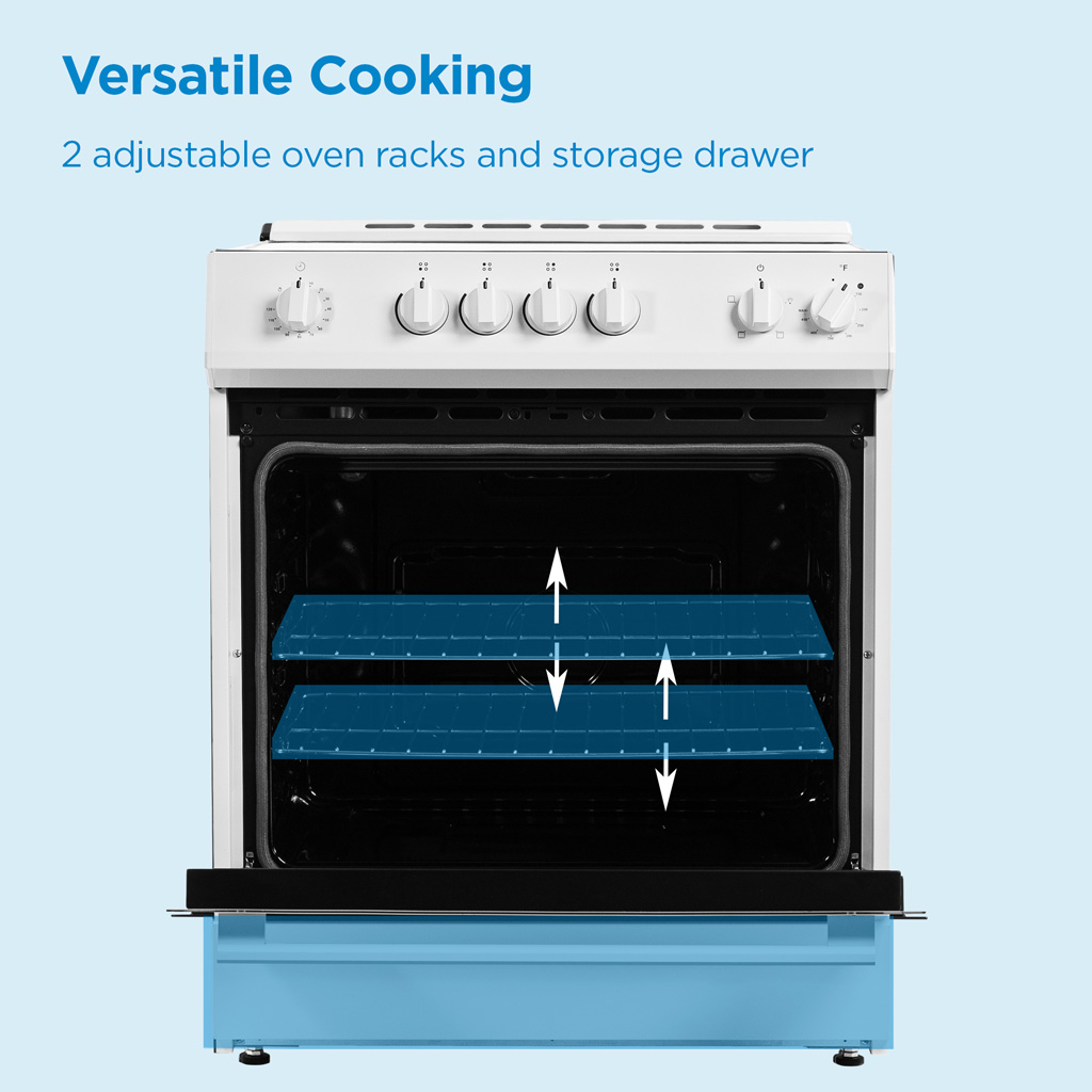 Danby 30” Slide in Smooth Top Electric Range with Knob Controls in White 4 Danby drrm300wc feature versatile cooking