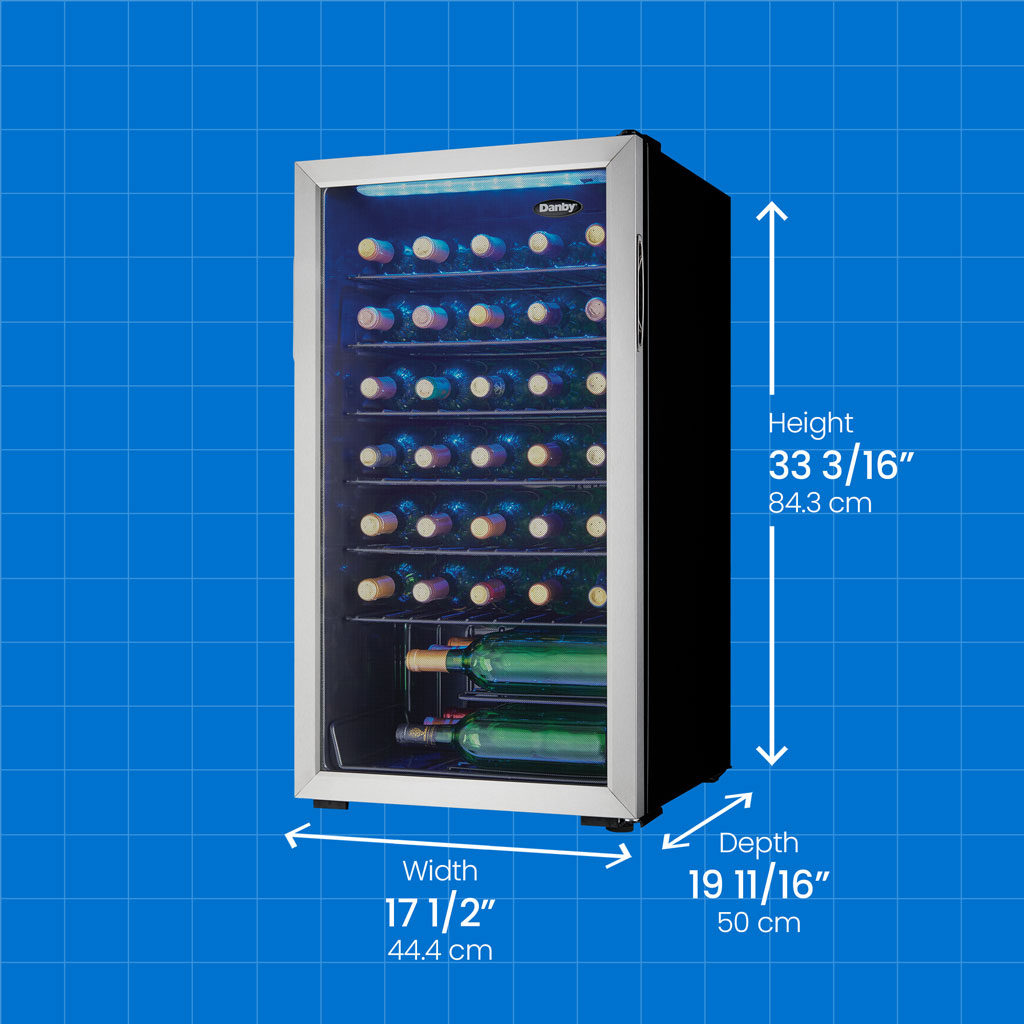 Danby 36 Bottle Free-Standing Wine Cooler in Stainless Steel 6 Danby appliances 36 bottle wine cooler stainless DWC036A1BSSDB-6 angled view with product dimensions showing height 33 3/16 inches 84.3 cm, width 17 1/2 inches 44.4 cm, and depth 19 11/16 inches 50 cm on a blue grid background