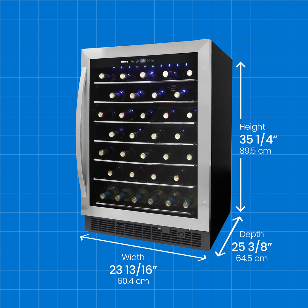 Danby appliances 60 bottle built in wine cooler stainless DWC057A1BSS angled front view with product dimensions showing height 35 1/4 inches 89.5 cm, width 23 13/16 inches 60.4 cm, and depth 25 3/8 inches 64.5 cm on a blue grid background