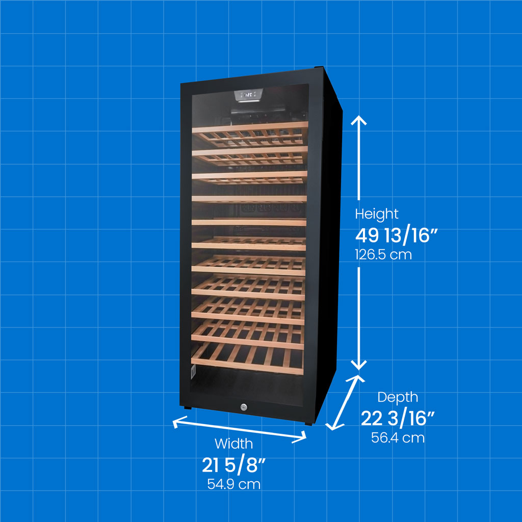 Danby 94 Bottle Free-Standing Wine Cooler in Black 6 Danby appliances 94 bottle wine cooler black DWC094L1B angled front view with product dimensions showing height 49 13/16 inches 126.5 cm, width 21 5/8 inches 54.9 cm, and depth 22 3/16 inches 56.4 cm on a blue grid background