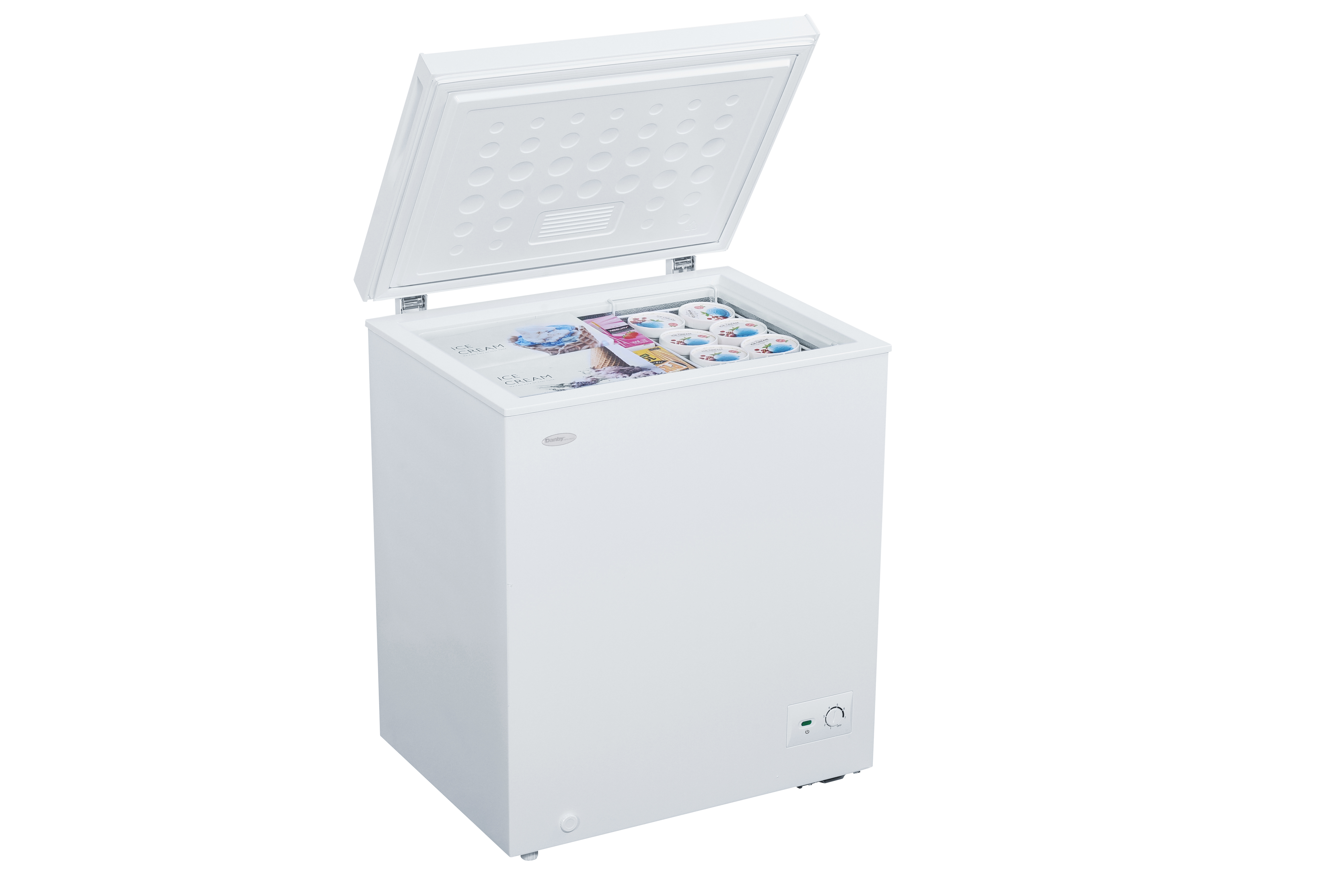 Danby 5.0 cu. ft. Chest Freezer in White 11 Danby DCF050B1WM TopLeft Open Propped