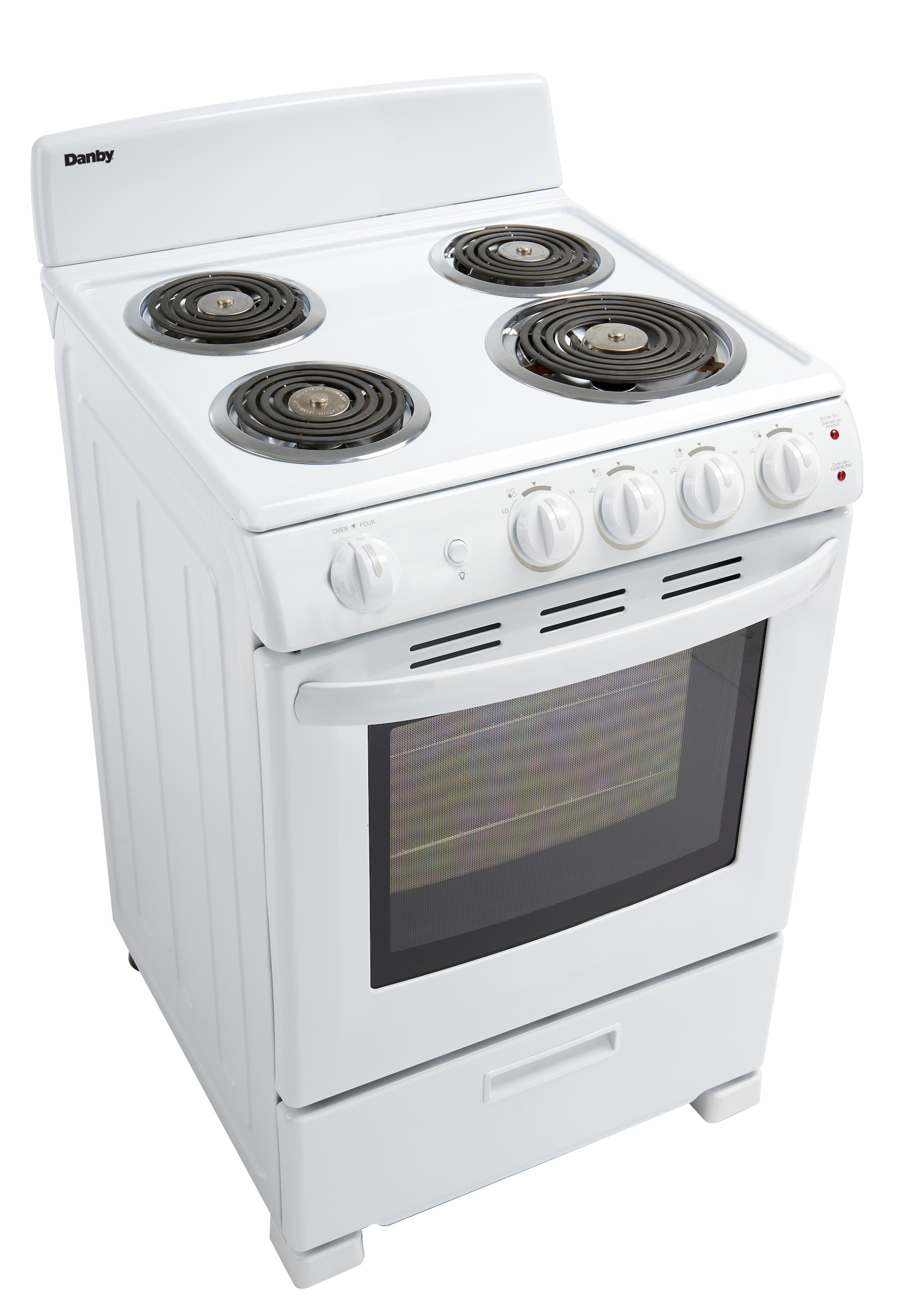Danby 24" Wide Electric Range in White 6 Danby DER244WC HighAngle Right