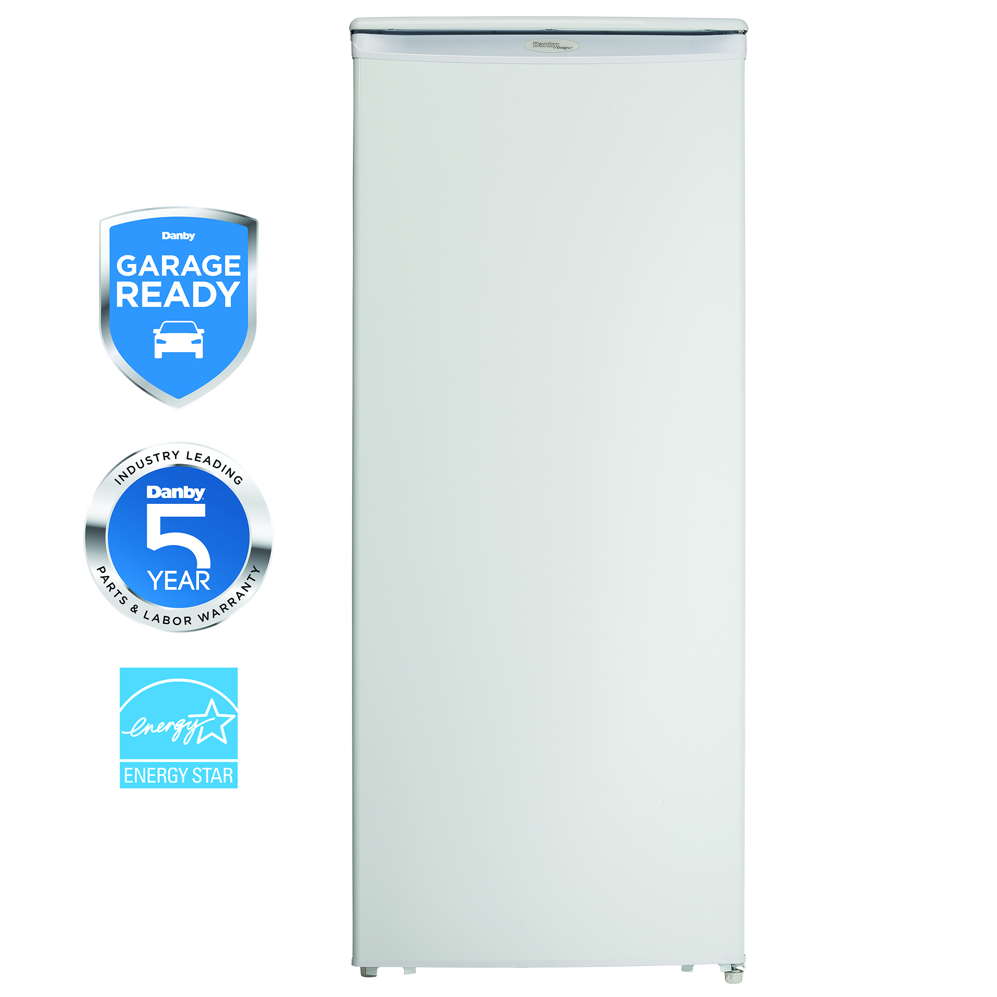 Danby Designer 10.1 cu. ft. Upright Freezer in White 6 Danby DUFM101A2WDD 10.1 cu ft upright freezer feature badge graphic highlighting key freezer features