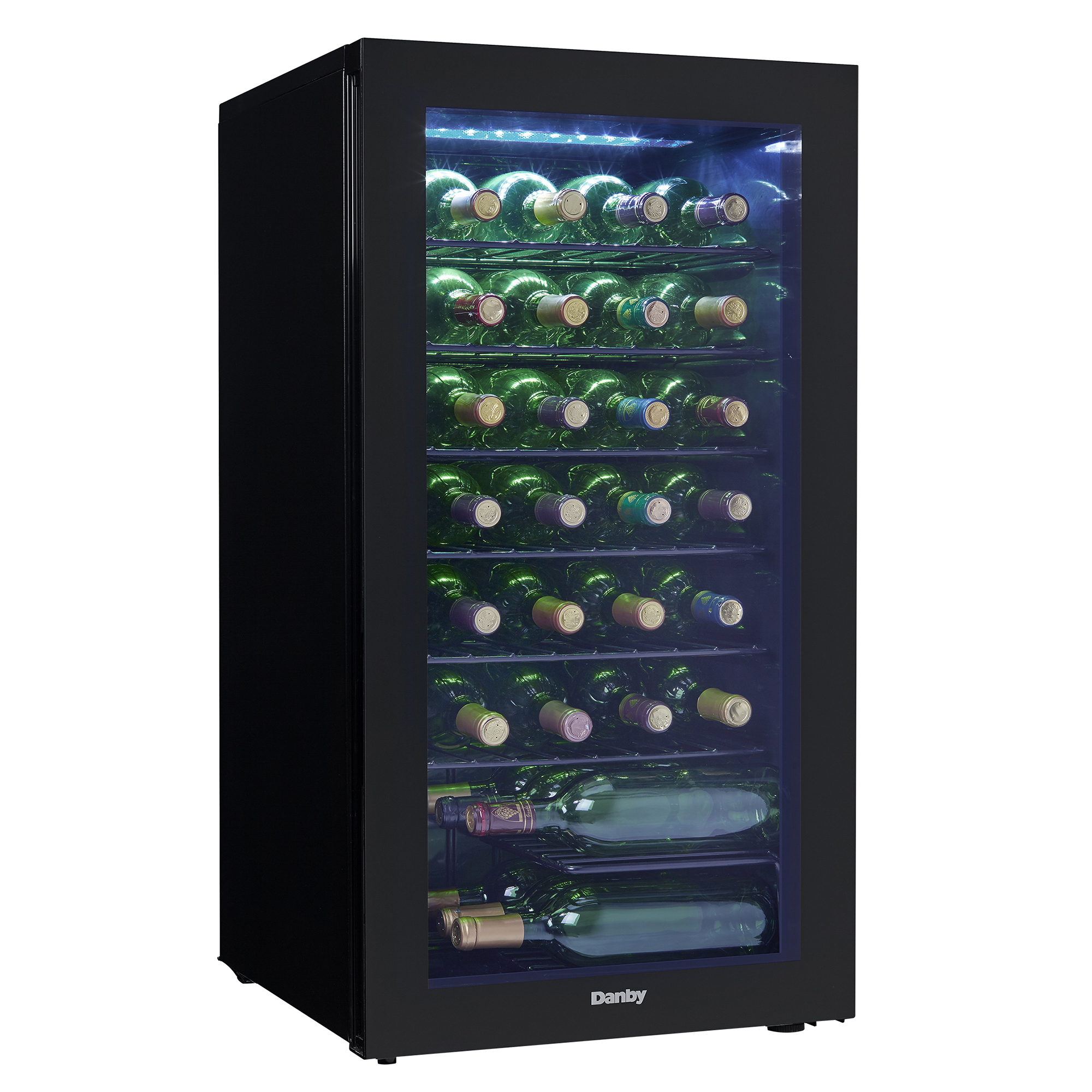 Danby 36 Bottle Free-Standing Wine Cooler in Black 2 Danby DWC036A2BDB-6 36 bottle wine cooler angled view with door open showing wire shelves and wine bottle storage