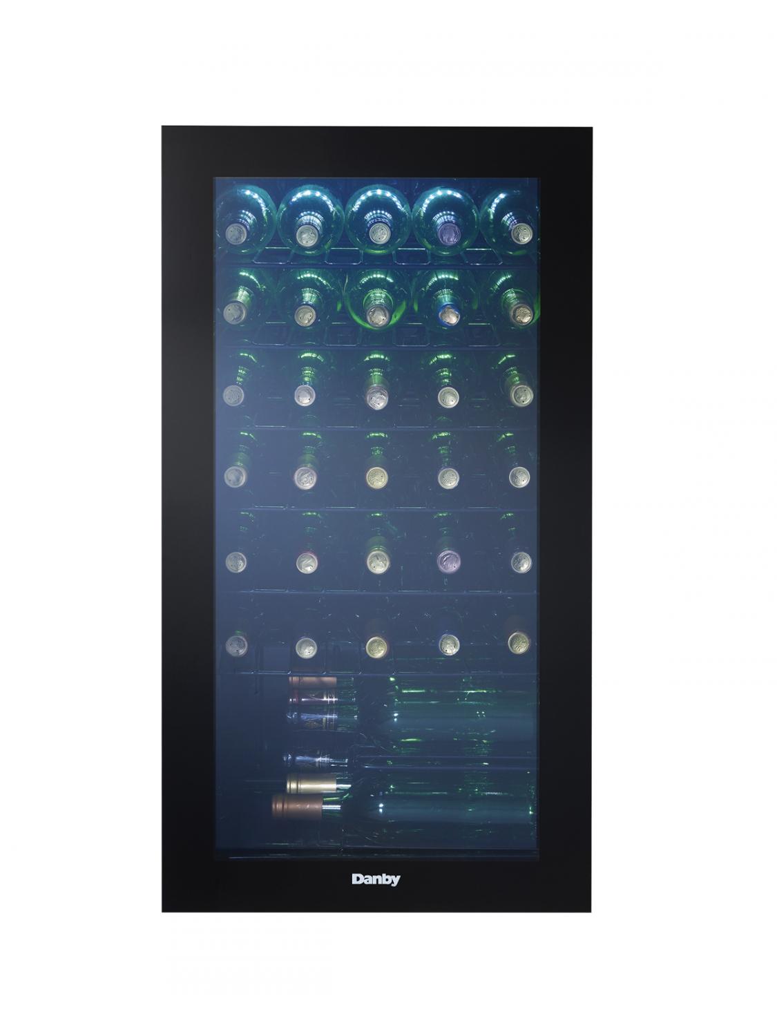 Danby DWC036A2BDB-6 36 bottle wine cooler front view with black finish glass door and interior display lighting