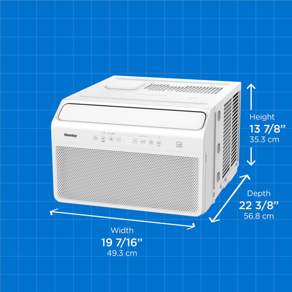 Danby DAC100B8IWDB-6 10000 BTU inverter window air conditioner with height width and depth measurements displayed