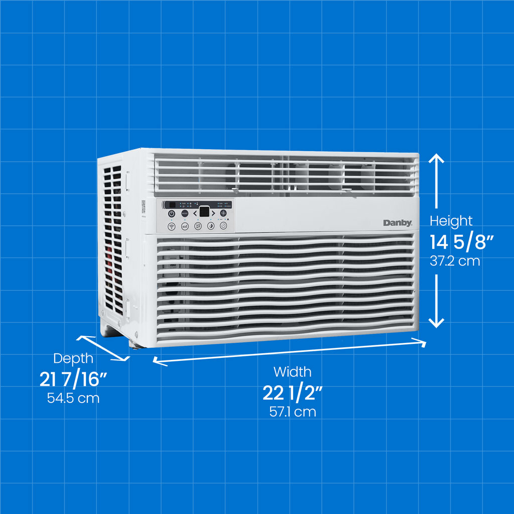 12,000 BTU Window Air Conditioner - Cools Up To 550 sq. ft. - Refurbished 7 Danby DAC120EB8WDB 12000 BTU window air conditioner with height width and depth measurements displayed
