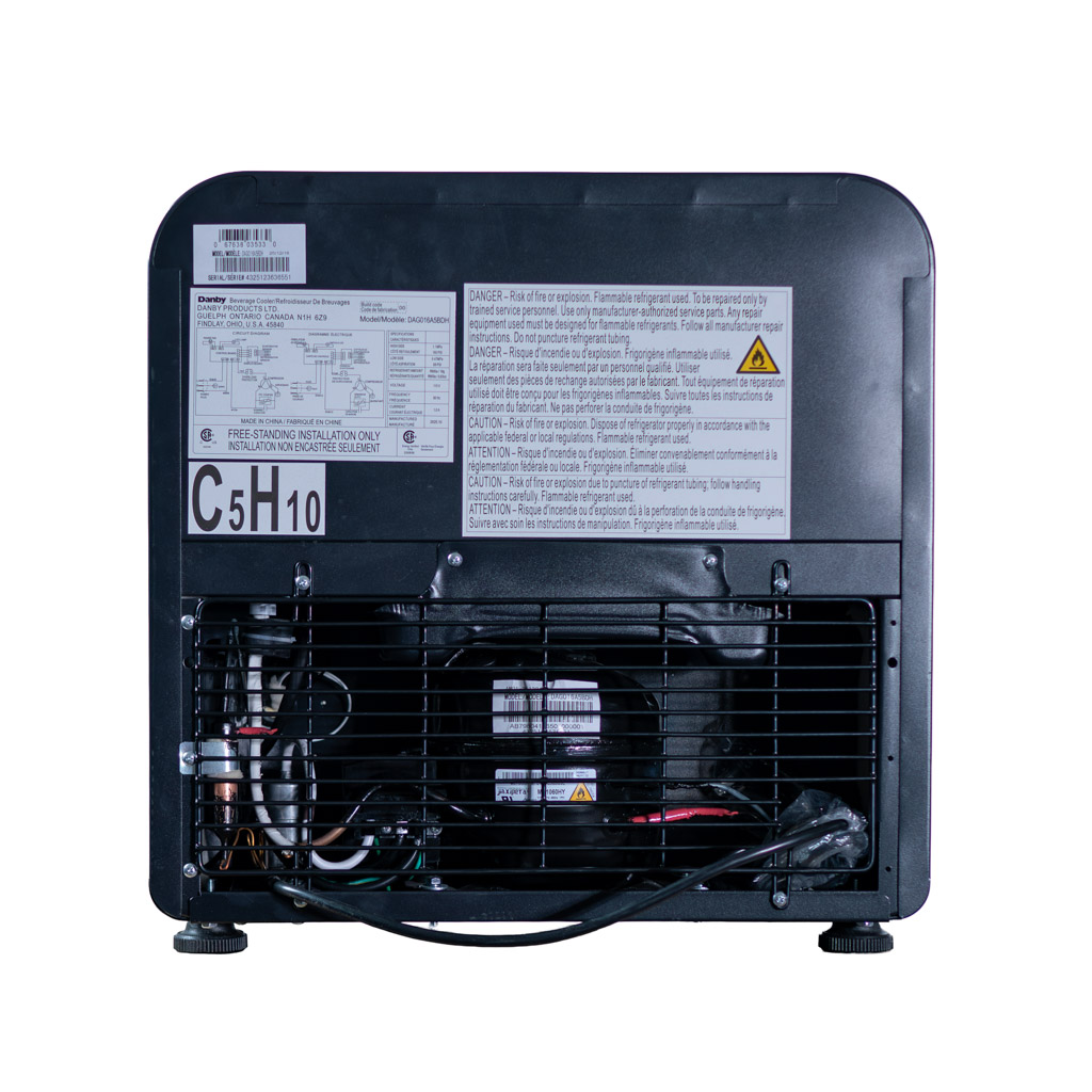 Danby DAG016A5BDH 1.6 cu ft glass door mini refrigerator rear view showing cooling components and power cord