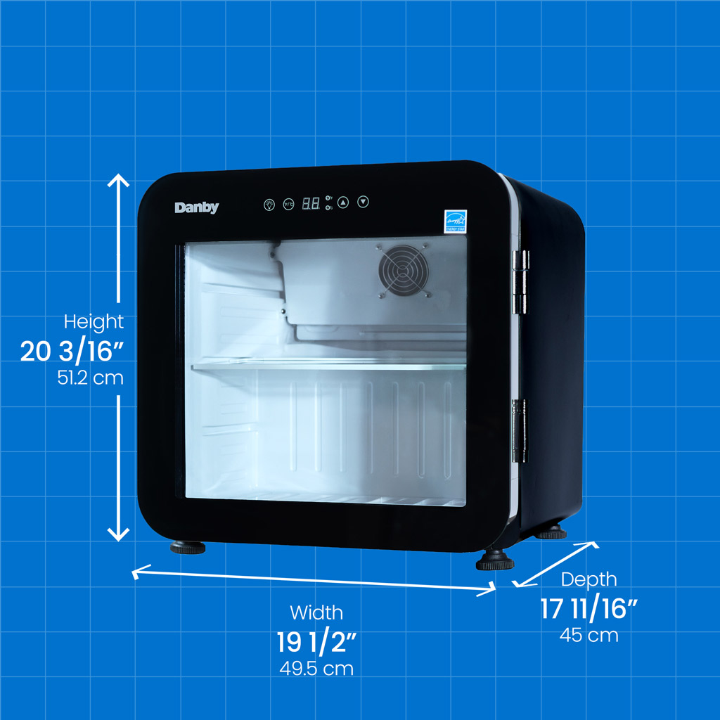Danby DAG016A5BDH 1.6 cu ft glass door mini refrigerator with height width and depth measurements displayed
