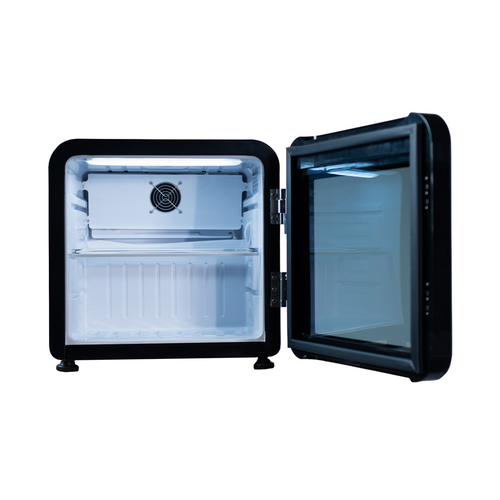 Danby DAG016A5BDH 1.6 cu ft glass door mini refrigerator with door open showing interior storage shelves