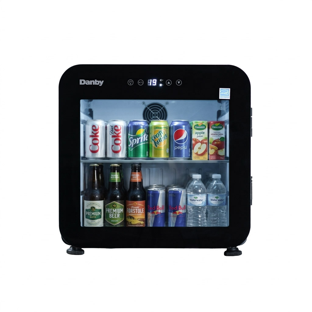 Danby DAG016A5BDH 1.6 cu ft glass door mini refrigerator displaying beverage storage behind glass door