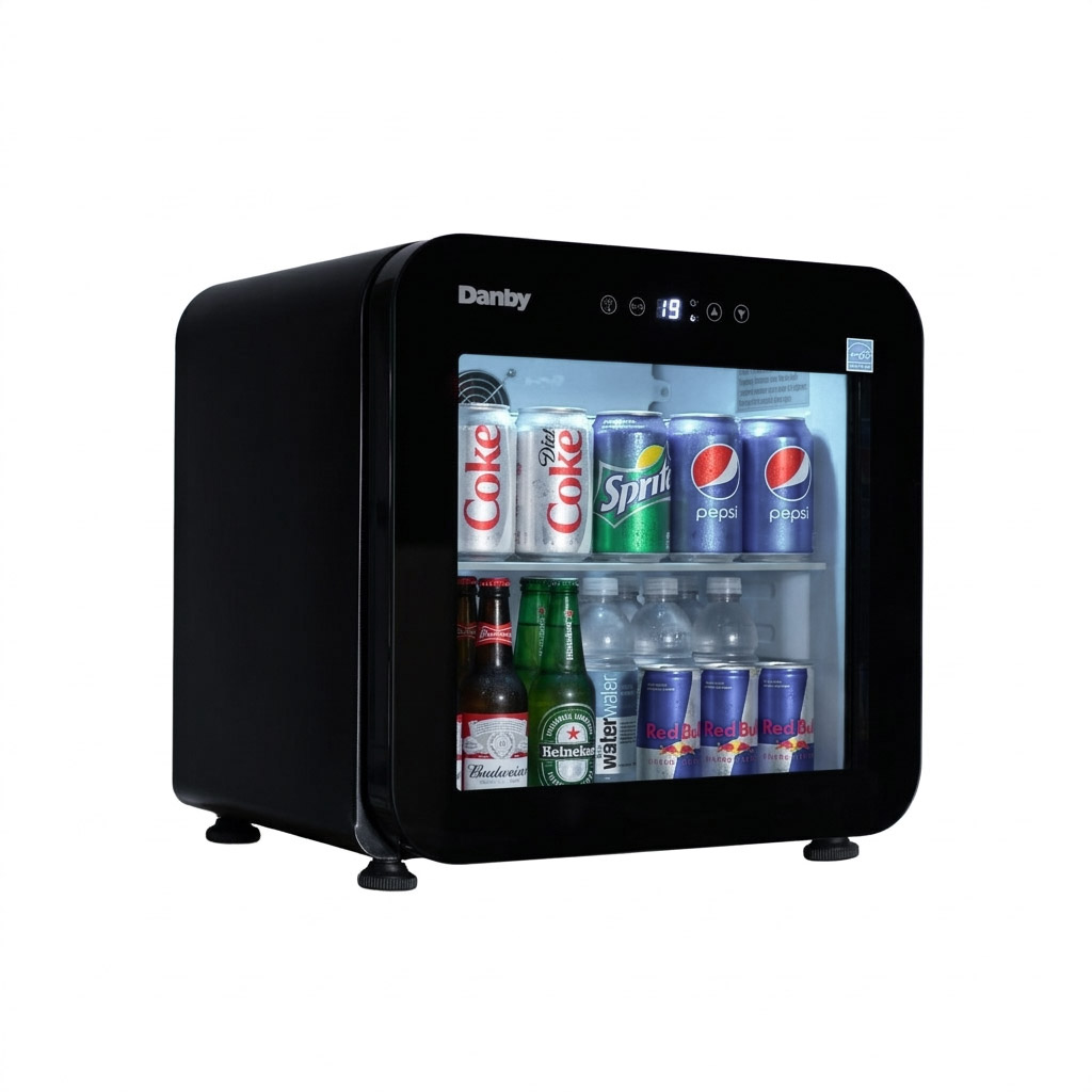 Danby DAG016A5BDH 1.6 cu ft glass door mini refrigerator angled view displaying beverage storage