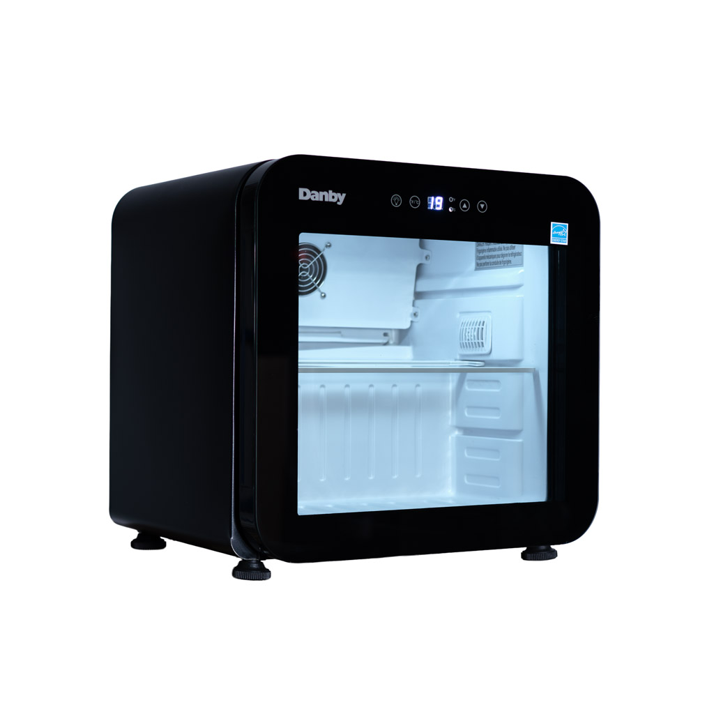 Danby DAG016A5BDH 1.6 cu ft glass door mini refrigerator right angle view with glass door
