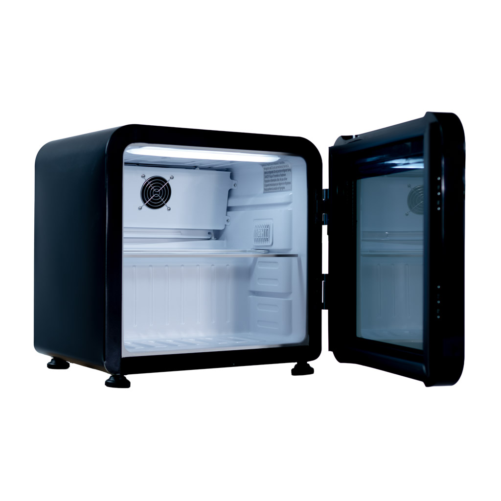 Danby DAG016A5BDH 1.6 cu ft glass door mini refrigerator with door open showing empty interior shelves