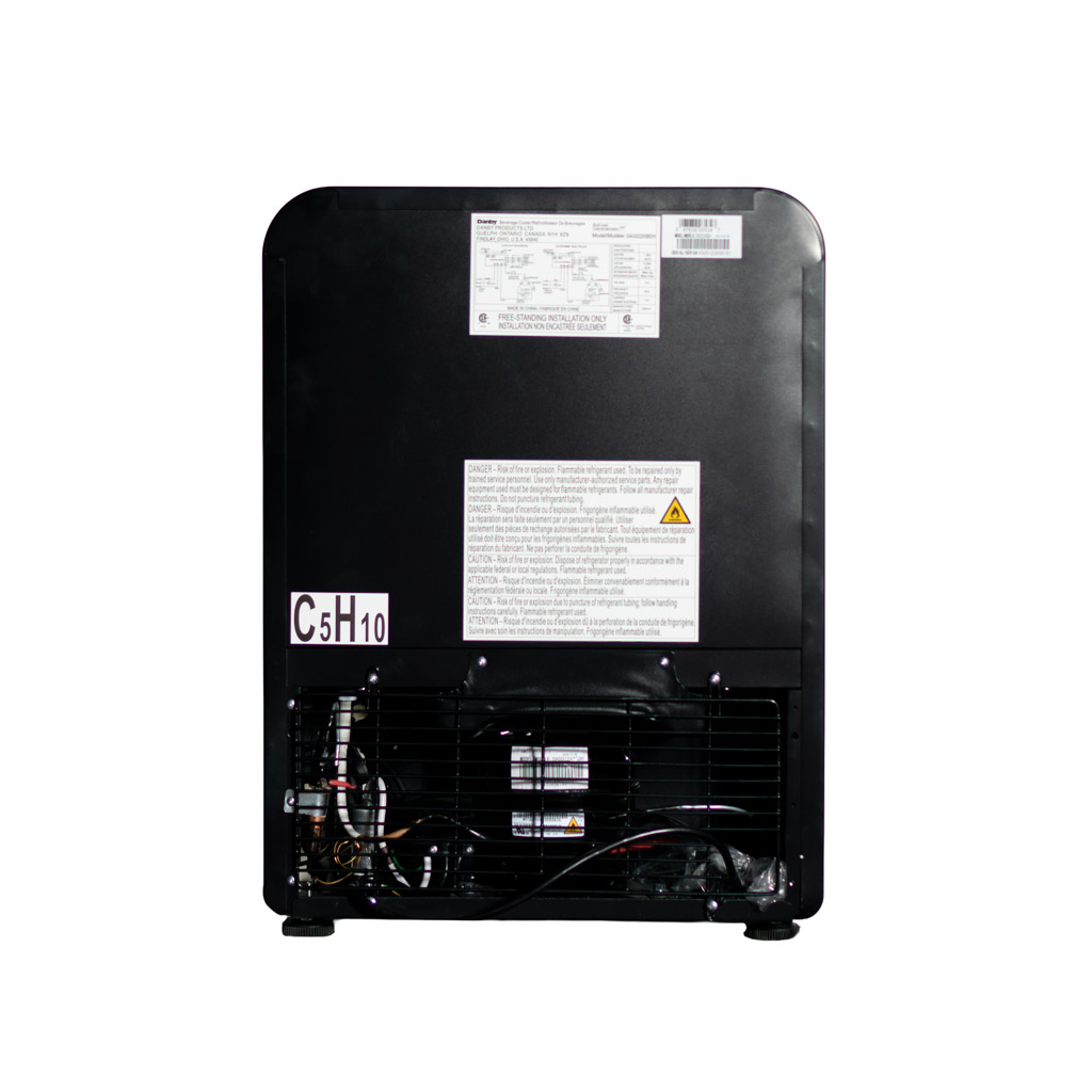 Danby DAG022A5BDH 2.2 cu ft glass door mini refrigerator rear view showing cooling components and power cord