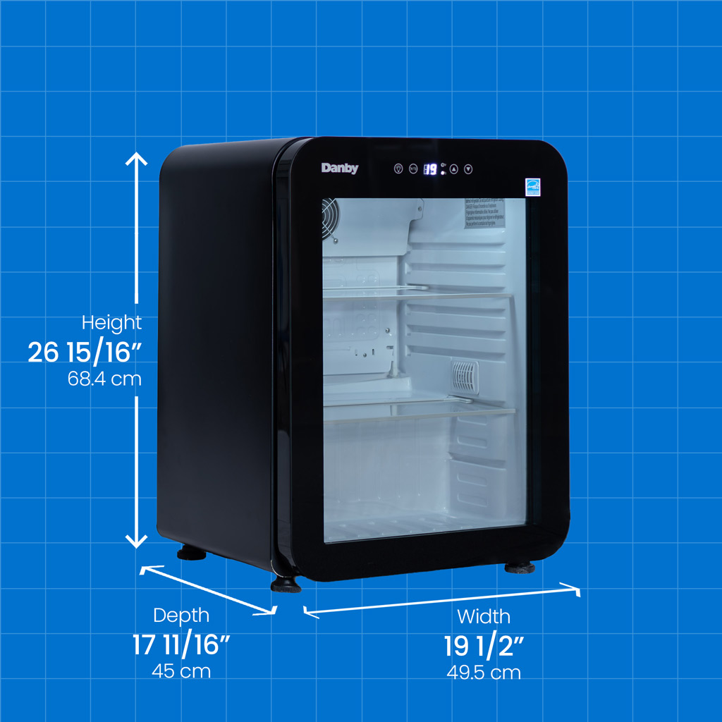 2.2 cu ft mini fridge Black glass door with soda cans, water bottles and drinks on shelves