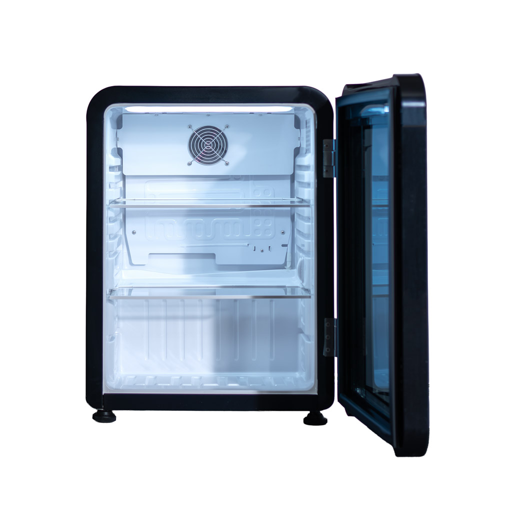 Danby DAG022A5BDH 2.2 cu ft glass door mini refrigerator with door open showing empty interior shelves
