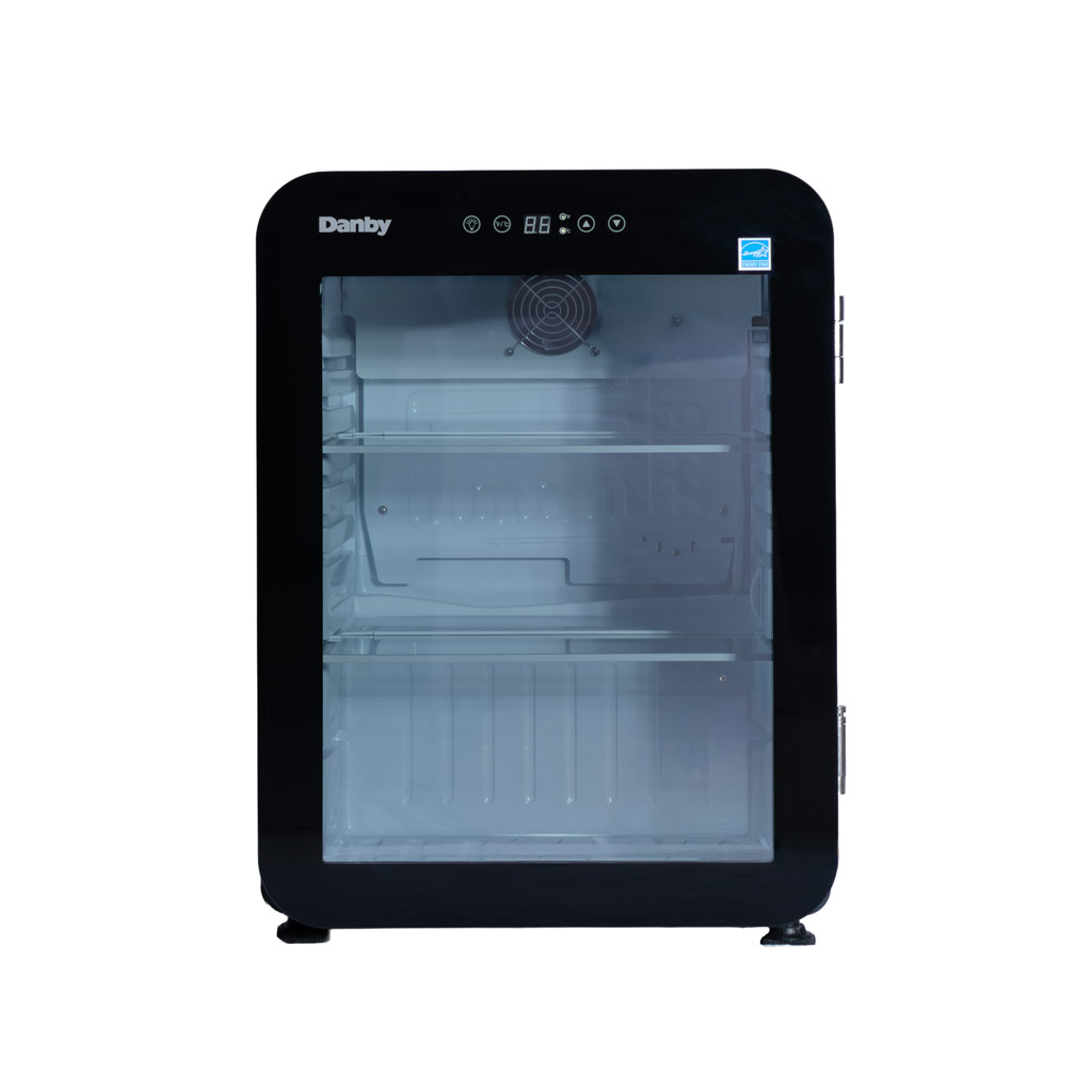 Danby DAG022A5BDH 2.2 cu ft glass door mini refrigerator front view showing glass door and interior shelves