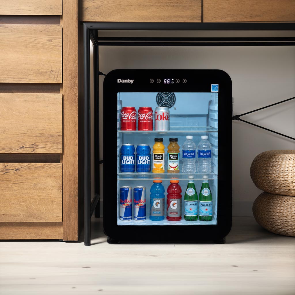 2.2 cu ft mini fridge Black glass door with soda cans, water bottles and drinks on shelves