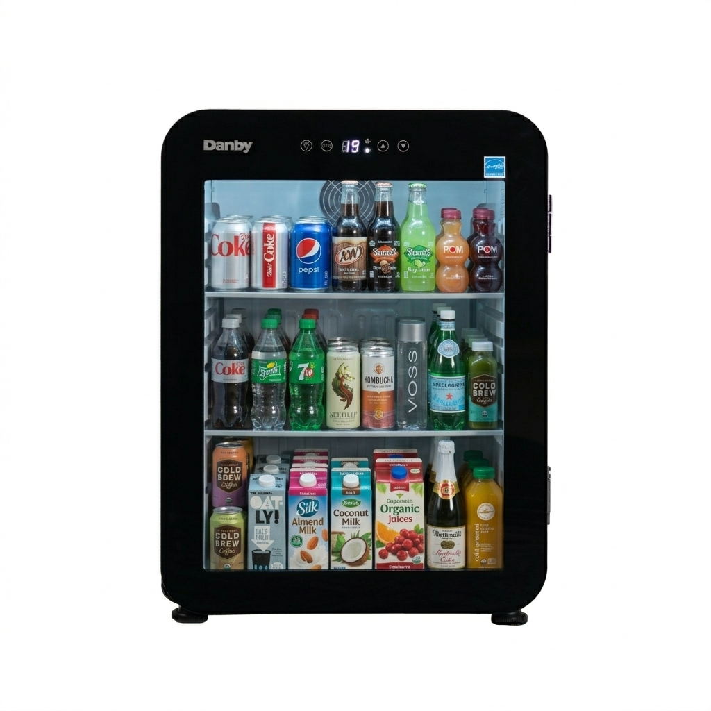 Danby DAG022A5BDH 2.2 cu ft glass door mini refrigerator displaying beverage storage behind glass door