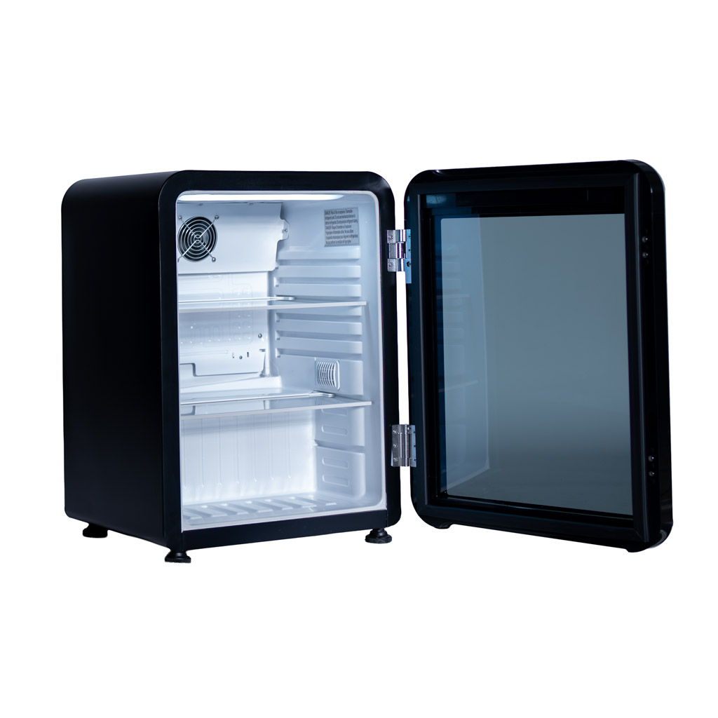 Danby DAG022A5BDH 2.2 cu ft glass door mini refrigerator with door open showing interior storage shelves