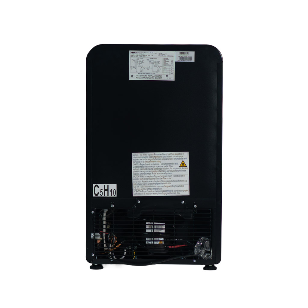Danby DAG033A5BDH 3.3 cu ft glass door mini refrigerator rear view showing cooling components and power cord