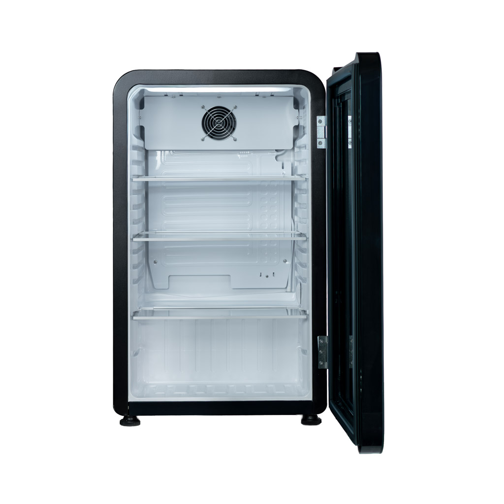 Danby DAG033A5BDH 3.3 cu ft glass door mini refrigerator with door open showing interior shelves