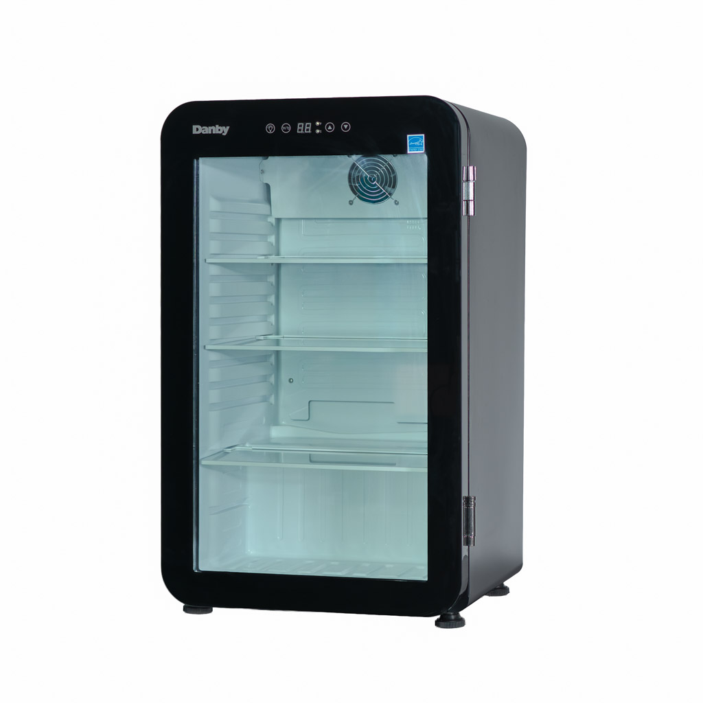 Danby DAG033A5BDH 3.3 cu ft glass door mini refrigerator left angle view with glass door