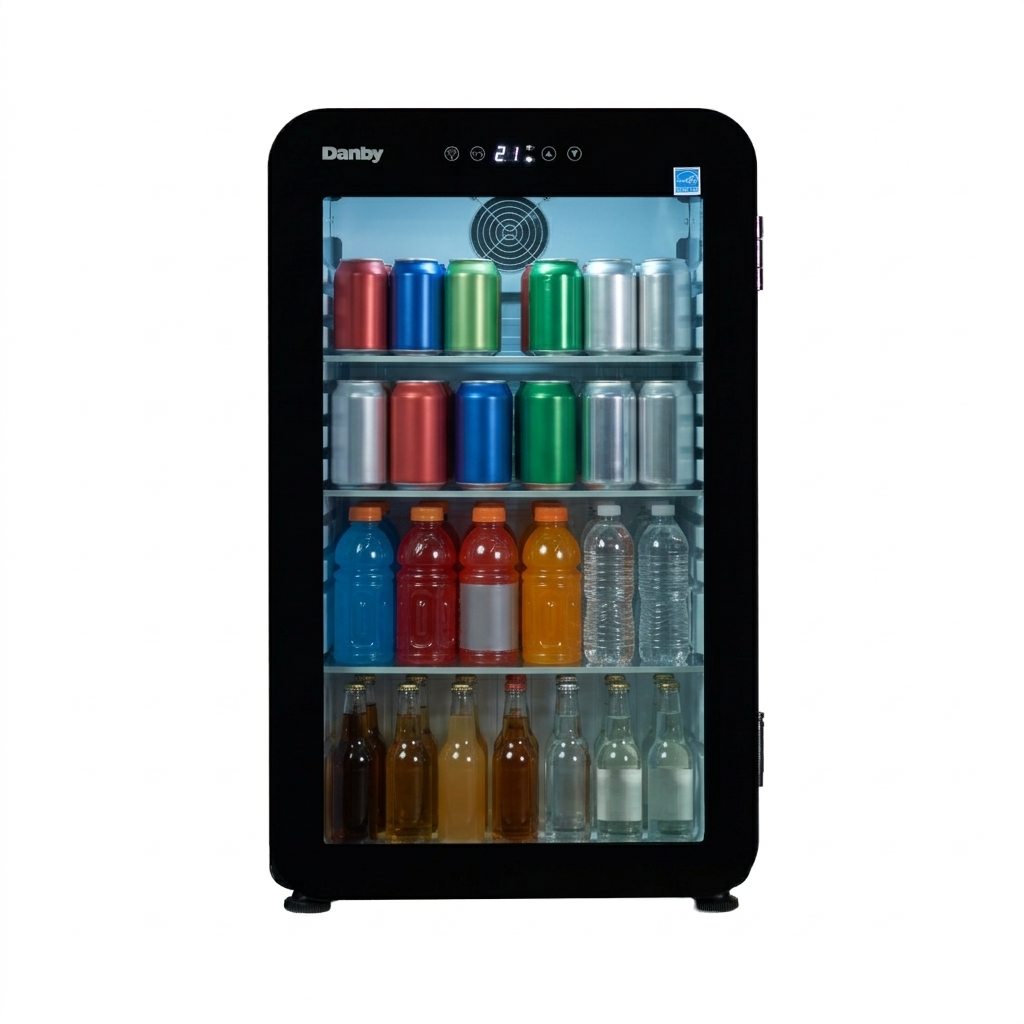 Danby DAG033A5BDH 3.3 cu ft glass door mini refrigerator displaying beverage storage behind glass door