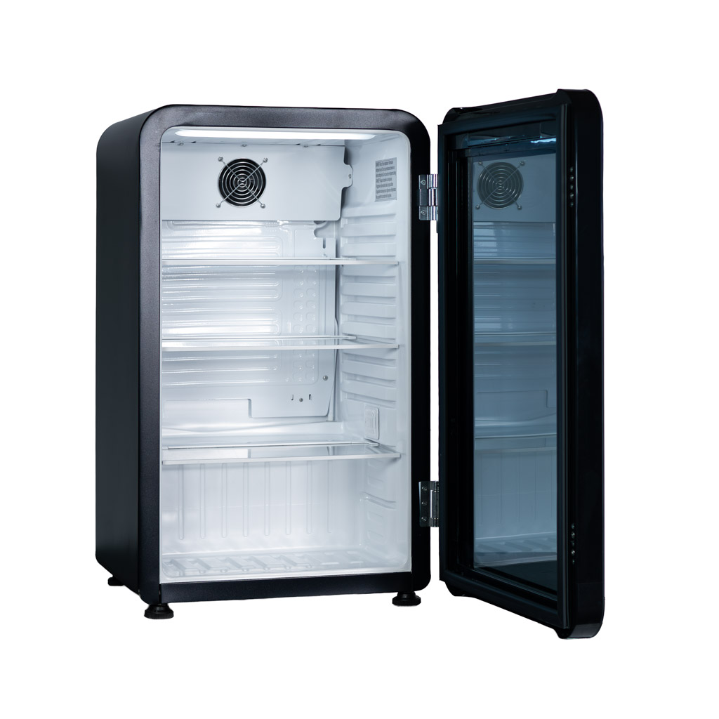 Danby DAG033A5BDH 3.3 cu ft glass door mini refrigerator with door open showing interior storage shelves