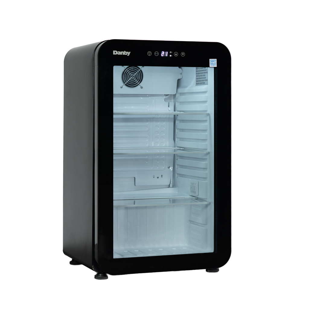 Danby DAG033A5BDH 3.3 cu ft glass door mini refrigerator right angle view with glass door