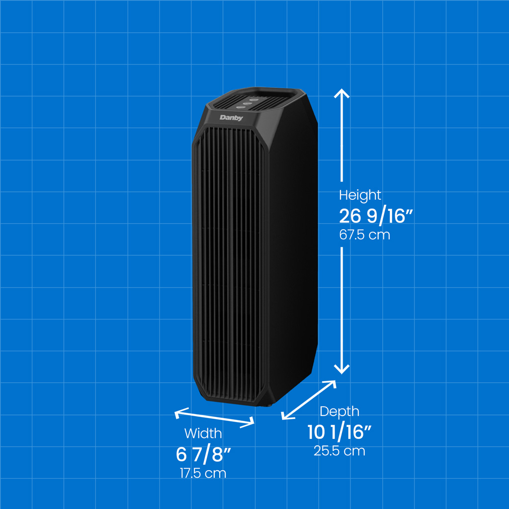 Danby DAP143BAB-UV air purifier with height width and depth measurements displayed