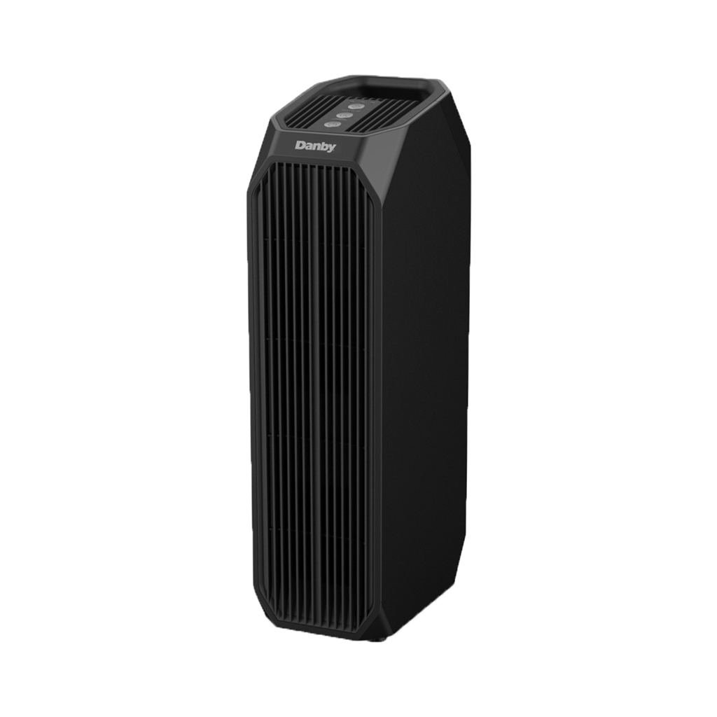 Danby DAP143BAB-UV air purifier angled front view showing black tower design and compact size