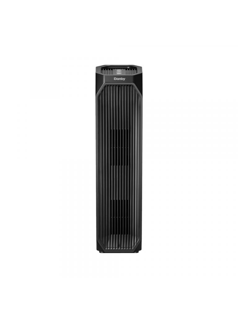 Danby air purifier 210 sq. ft. DAP143BAB-UV front view single unit on plain background showing black tower design with vertical air vents