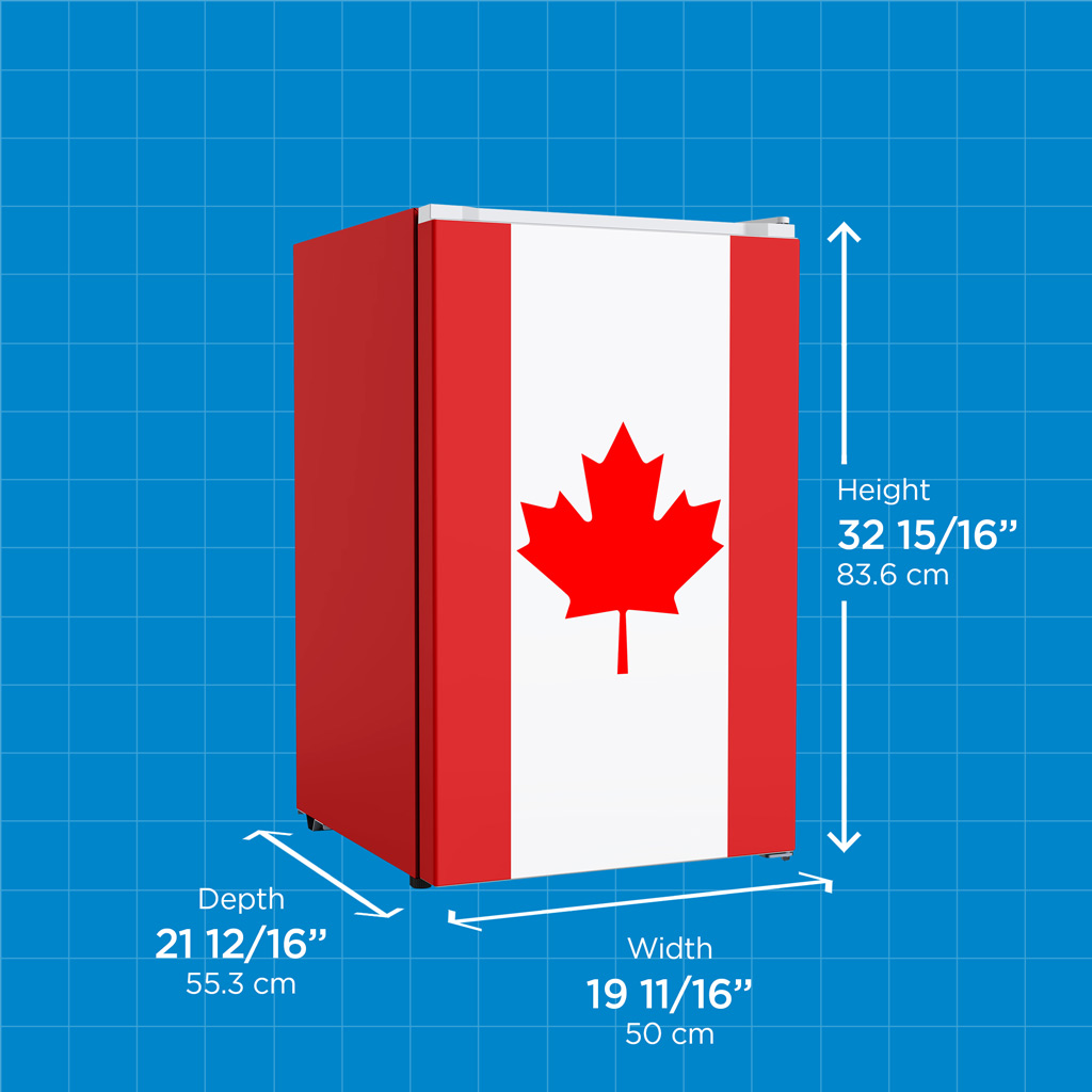 4.3 cu ft mini fridge DAR043L1RDB-CDN on blue background diagram showing dimensions including height 32 15/16 inches 83.6 cm width 19 11/16 inches 50 cm and depth 21 12/16 inches 55.3 cm