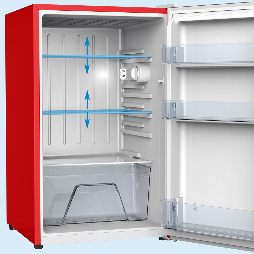 4.3 cu ft mini fridge DAR043L1RDB-CDN interior view single door open on plain background showing adjustable glass shelves, thermostat control, door bins, and bottom crisper drawer