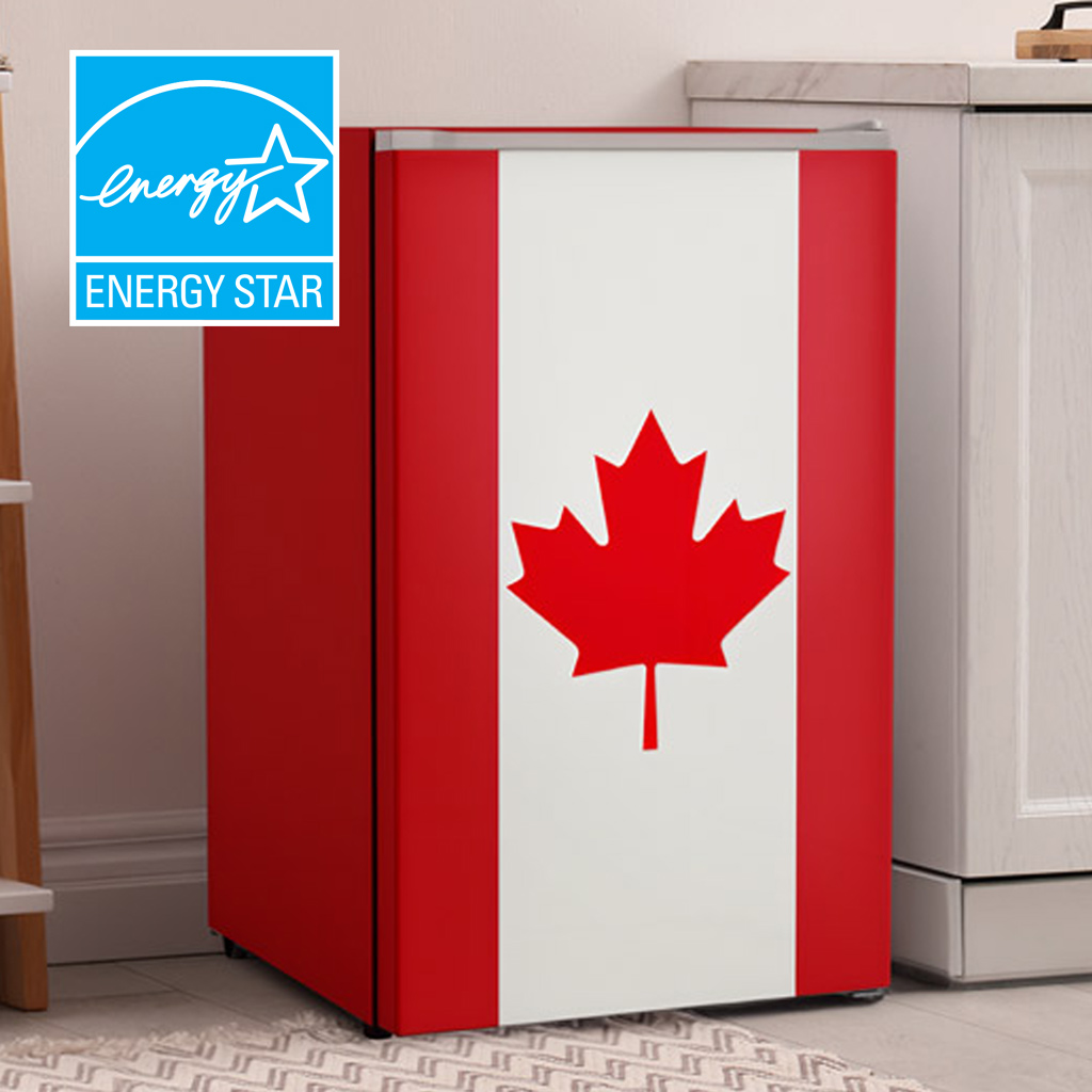4.3 cu ft mini fridge DAR043L1RDB-CDN single door angled front view in home kitchen setting with Canadian flag design and Energy Star label
