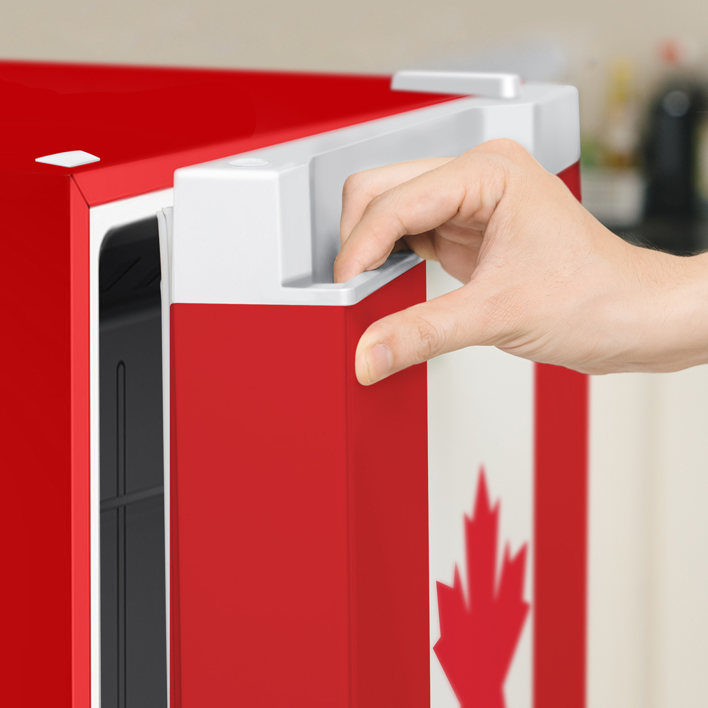 4.3 cu ft mini fridge DAR043L1RDB-CDN close-up front angle showing hand opening single door with integrated handle and Canadian flag design
