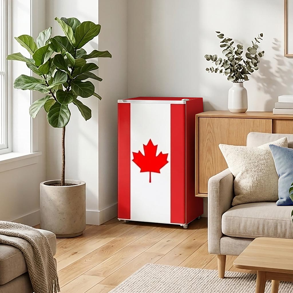 4.3 cu ft mini fridge DAR043L1RDB-CDN in home living room setting single door angled front view beside plant and furniture with Canadian flag design