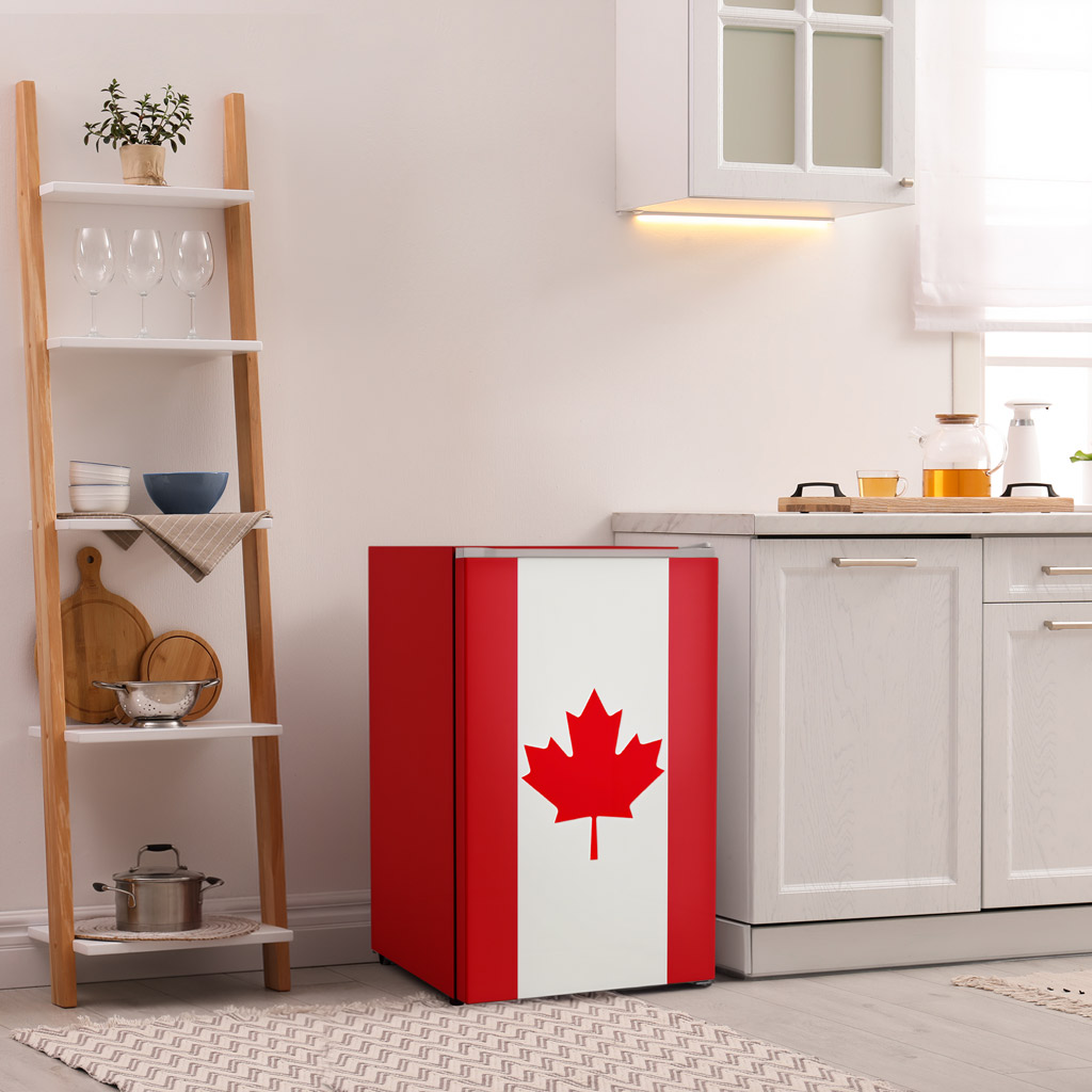4.3 cu ft mini fridge DAR043L1RDB-CDN in kitchen setting single door angled front view beside shelving and cabinets with Canadian flag design