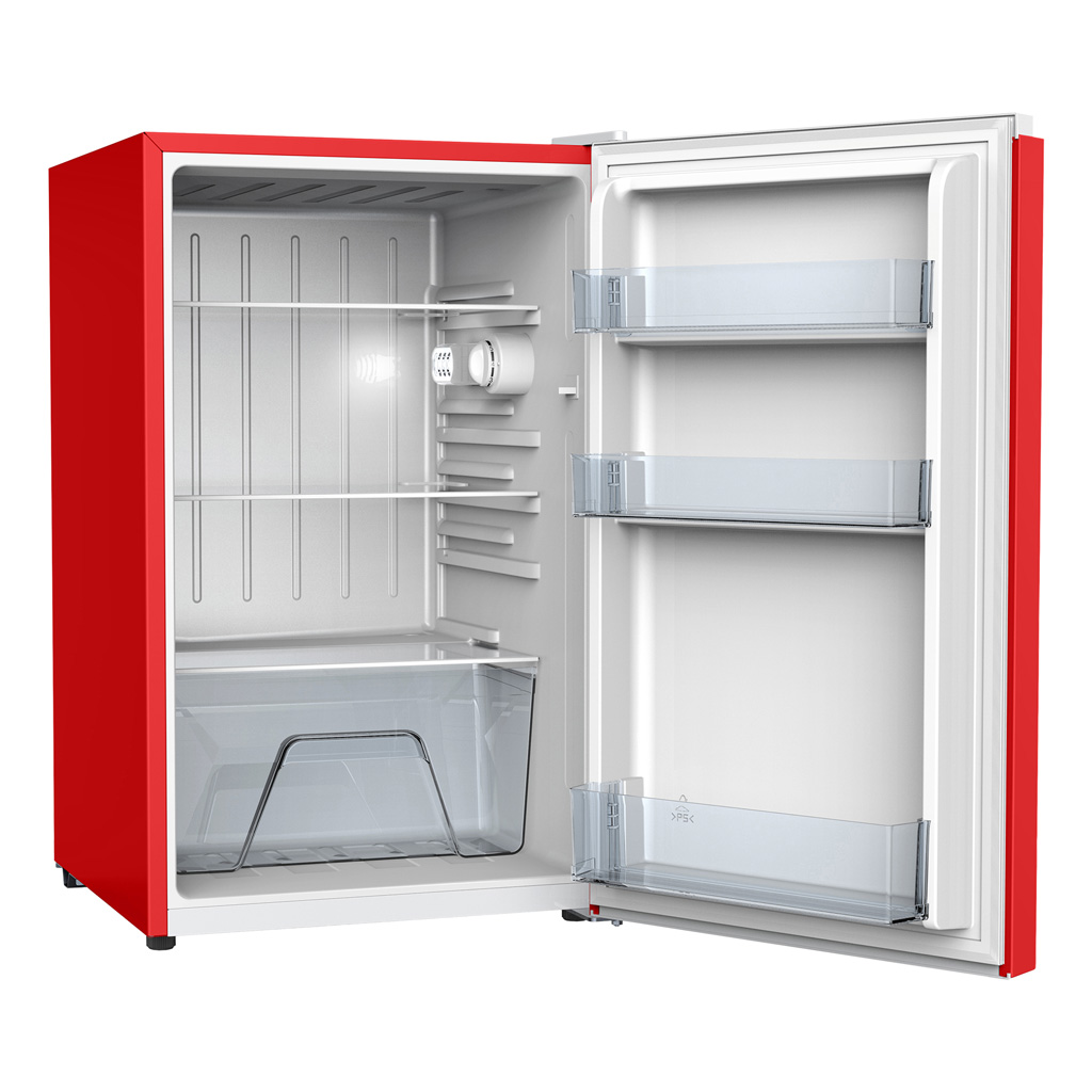 4.3 cu ft mini fridge DAR043L1RDB-CDN interior view single door open on plain background showing adjustable shelves, thermostat control, door bins and crisper drawer