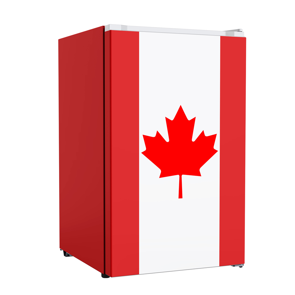 4.3 cu ft mini fridge DAR043L1RDB-CDN single door angled front view on plain background with Canadian flag design